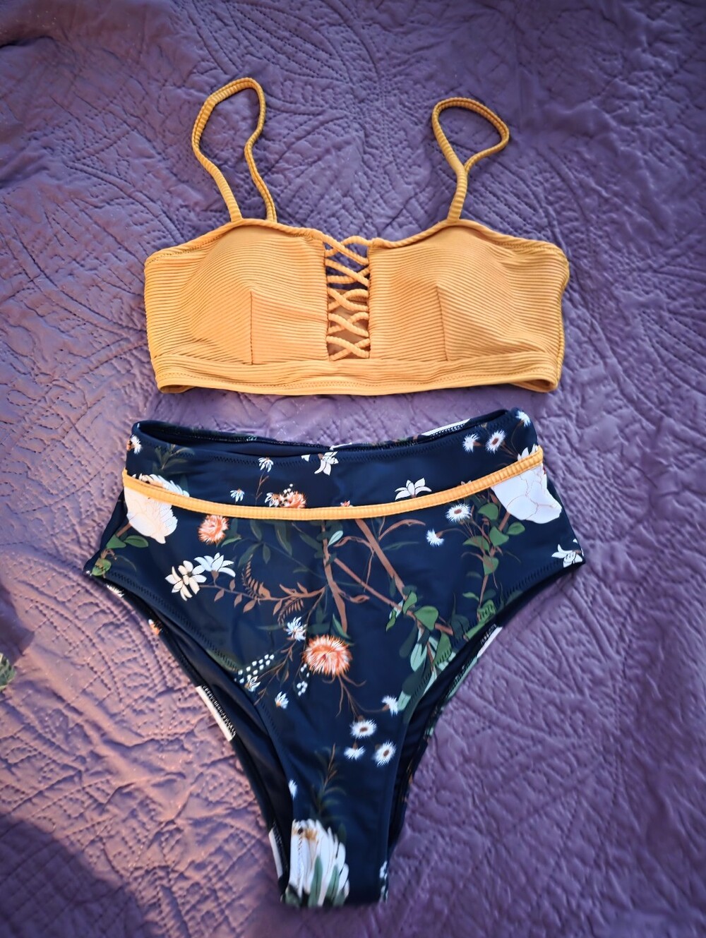 CUPSHE Mustard Ribbed Lace-Up Bikini Top & Navy Floral High-Waist Bottoms